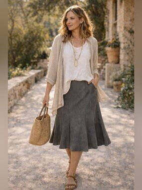 Frank Lyman Grey Flare Midi Skirt Size 16 Textured Elegant Flowy Elevated Casual